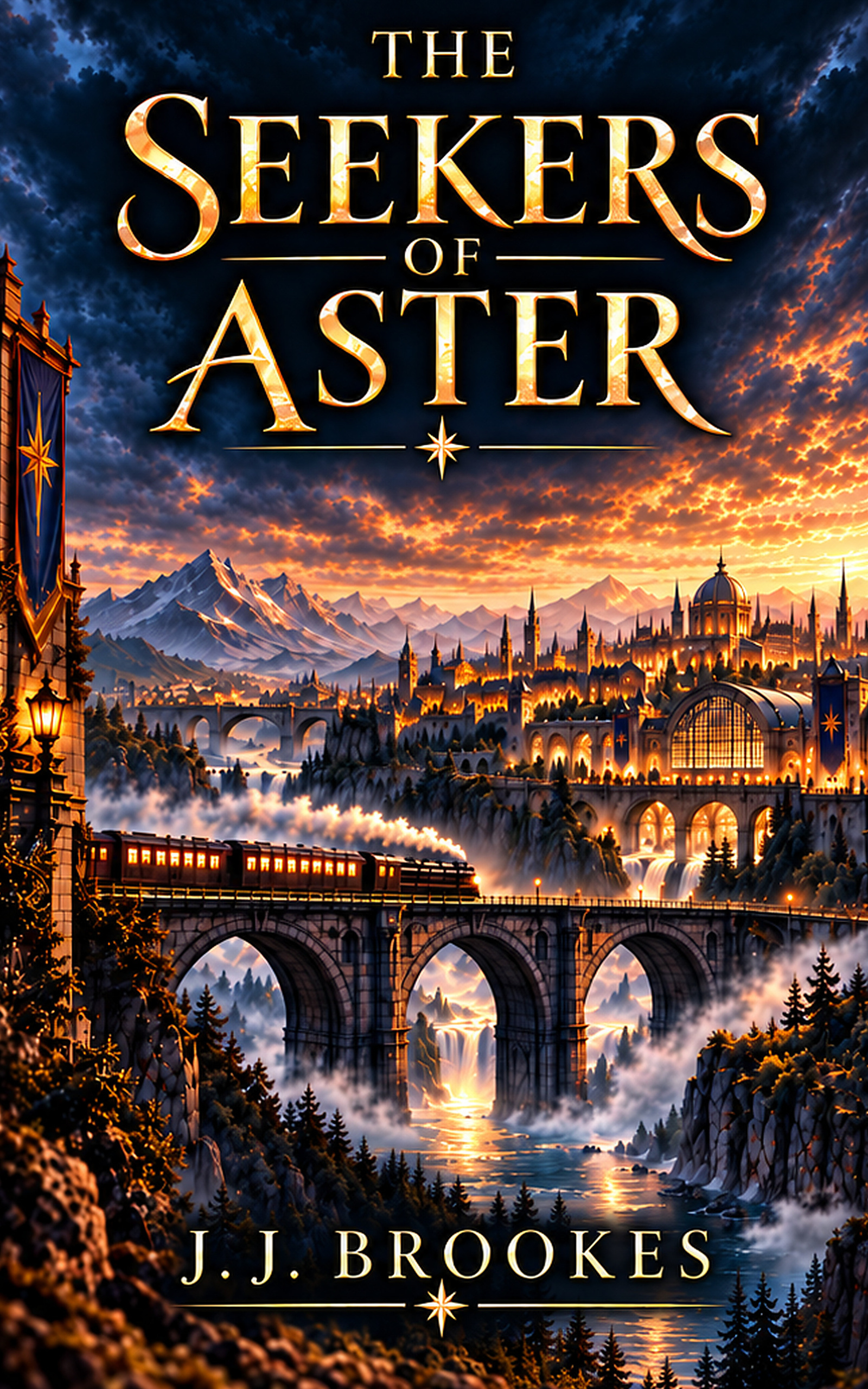 J.J. Brookes의 The Seekers of Aster 표지: 황금빛 도시와 석양 아래 다리를 건너는 열차